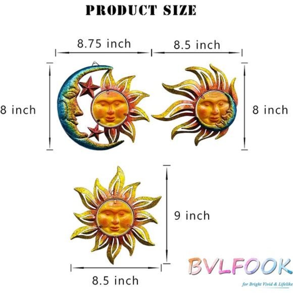 Sun Face Metal Wall Art Decor Outdoor Indoor, Sun Moon Star,Metal &Glass Hanging - Picture 6 of 6